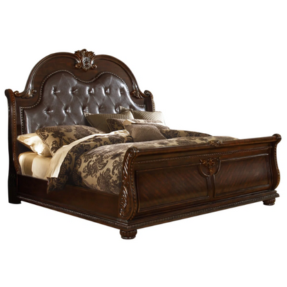 Classic Elegance 5-Piece Queen Bedroom Set in Dark Walnut with Button-Tufted Headboard, Marble-Topped Nightstand, 11-Drawer Dresser, Beveled Mirror, and Storage Chest