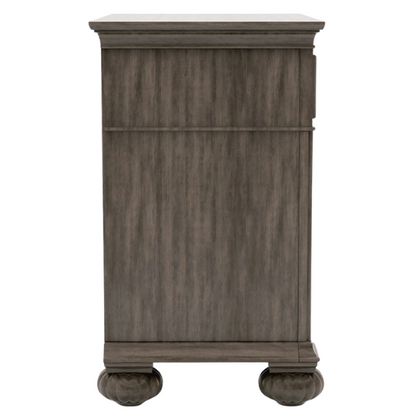 Elegant Traditional 5-Piece Grey Wood Poster Bedroom Set with Fluted Columns, Carved Floral Accents, and Bell-Shaped Headboard
