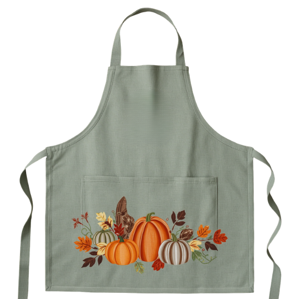 Sage Green Embroidered Fall Pumpkin Kitchen Apron with Autumn Leaf Design