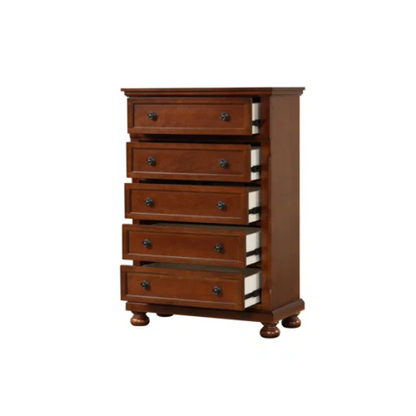 Cherry Brown King Size Platform Bedroom Set with Real Wood Veneers, Full Extension Footboard Storage Drawers, and Matching Large-Scale Dressers, Nightstands, and Mirror