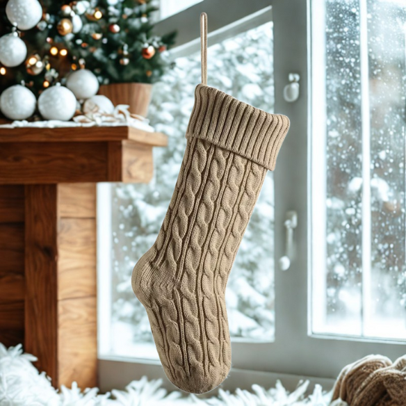 Taupe Knitted Christmas Stocking – Cable Knit Holiday Gift Bag with Soft Lining