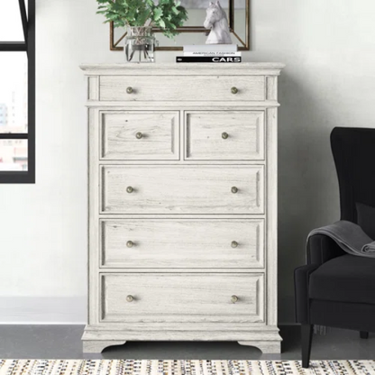 Rustic White King 5-Piece Bedroom Set – Upholstered Tufted Bed, Nightstand, Dresser with Mirror, and Chest
