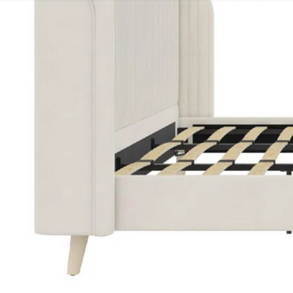 King Size Upholstered Wingback Platform Bed – Luxe Velvet Headboard with Vertical Tufting, Mid-Century Modern Design, and Space-Saving Wooden Frame