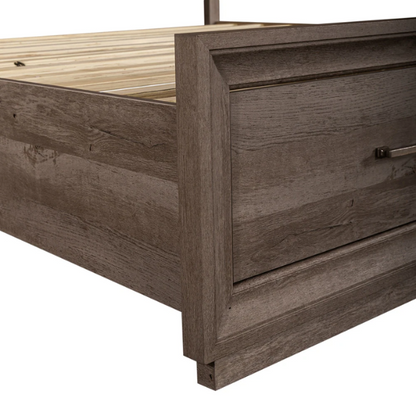 Modern Greystone 4-Piece King Storage Bed, Dresser, Mirror & Nightstand Set with LED Lighting, Built-In Charging Station, and Brushed Nickel Hardware – Floating Panel Headboard and Plinth Base
