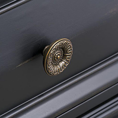 4-Piece Vintage Black Wood Panel Bedroom Set with Distressed Parchment Finish – Traditional Elegance with Silver Accents, Beveled Drawer Fronts, and Brass Rosette Knob Hardware