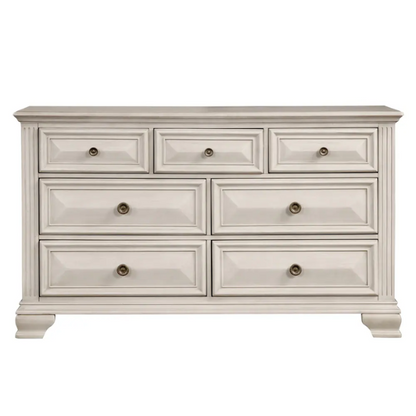 Distressed Parchment Wood Bedroom Set with Panel Bed, Dresser, Mirror, and Nightstand, Featuring Silver Accents and Fluted Pilasters