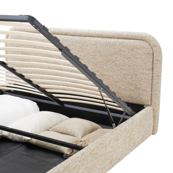 Premium Upholstered Aurora Lift-Up Storage Bed with Elegant Boucle Performance Fabric, Plush Foam-Padded Headboard, and Spacious Under-Bed Storage for a Clutter-Free Bedroom