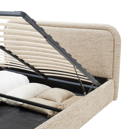 Premium Upholstered Aurora Lift-Up Storage Bed with Elegant Boucle Performance Fabric, Plush Foam-Padded Headboard, and Spacious Under-Bed Storage for a Clutter-Free Bedroom