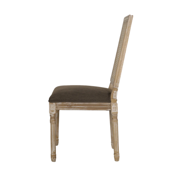 French Country Wood and Cane Upholstered Dining Chairs – Weathered Rubberwood Frame with Fluted Legs & Rectangular Cane Backrest