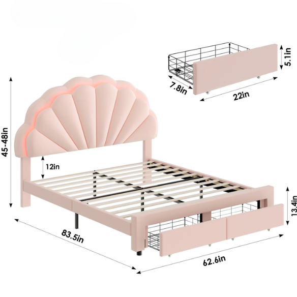 Floral-Inspired Queen Size Upholstered LED Bed Frame with Luxury Velvet, Drawer, and Adjustable Headboard