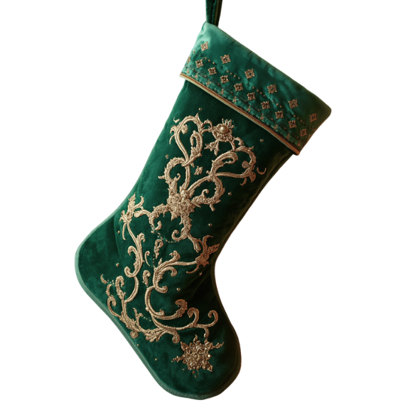 Elegant Green Velvet Christmas Stocking with Gold Embroidered Scrollwork