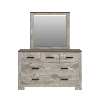 Coastal Farmhouse-Inspired King Size Bedroom Set: Distressed Whitewash Finish with Natural Brown Accents – Includes Platform Bed, 2-Drawer Nightstand, 7-Drawer Dresser with Mirror, and Optional 5-Drawer Chest for Complete Storage Solution