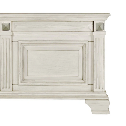 Distressed Parchment Wood Queen Bedroom Set – Elegant Silver Accents, Fluted Pilasters, and Beveled Drawer Fronts for Timeless Charm