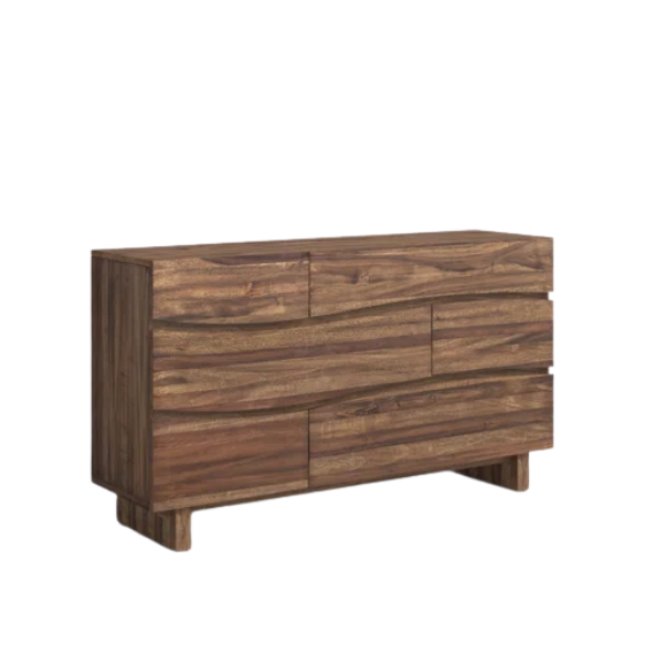 Boho-Inspired Configurable Bedroom Set with Bold Design, Solid Wood Construction, and Wavy Accents - Includes Platform Bed, Nightstand, and 6-Drawer Dresser in Rich Brown Finish