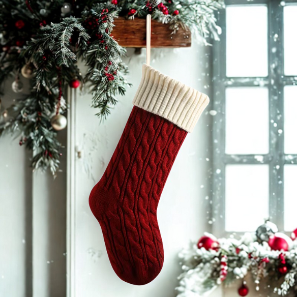 Red & White Knitted Christmas Stocking – Cable Knit Holiday Gift Bag with Soft Lining