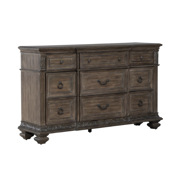 Brown & Beige King Poster Bedroom Set with Dresser, Mirror, Chest & Nightstand – Rustic Hickory Veneers, Sand Linen Upholstery, Antique Brass Accents