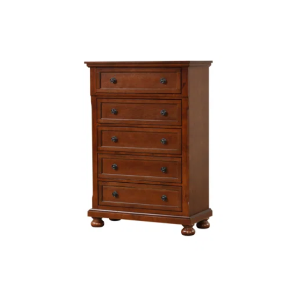 Cherry Brown King Size Platform Bedroom Set with Real Wood Veneers, Full Extension Footboard Storage Drawers, and Matching Large-Scale Dressers, Nightstands, and Mirror