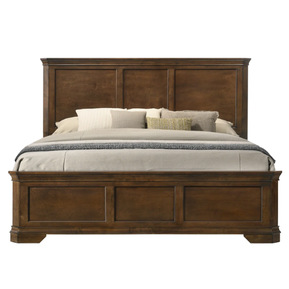Classic Traditional Wood Queen Panel Bed with Dresser, Mirror, and Two Nightstands in Antique Walnut Finish