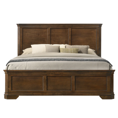 Classic Traditional Wood Queen Panel Bed with Dresser, Mirror, and Two Nightstands in Antique Walnut Finish