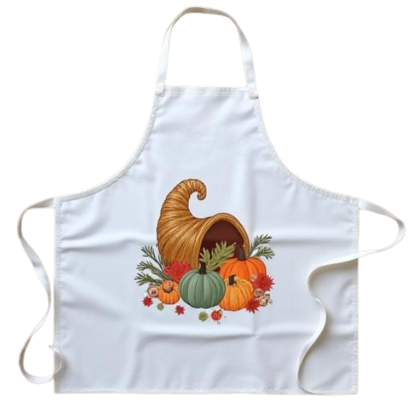 Embroidered Thanksgiving Cornucopia Apron – White with Autumn Harvest