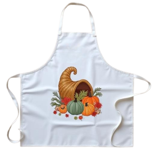 Embroidered Thanksgiving Cornucopia Apron – White with Autumn Harvest
