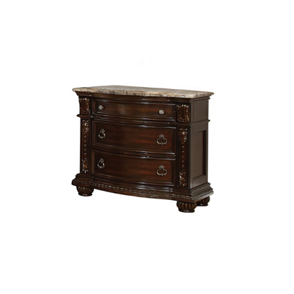Classic Elegance 5-Piece Queen Bedroom Set in Dark Walnut with Button-Tufted Headboard, Marble-Topped Nightstand, 11-Drawer Dresser, Beveled Mirror, and Storage Chest