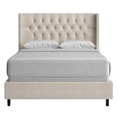 Timeless Upholstered Wingback King Size Bed with Button Tufting and Nailhead Trim