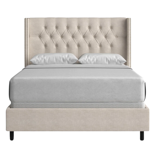 Timeless Upholstered Wingback King Size Bed with Button Tufting and Nailhead Trim