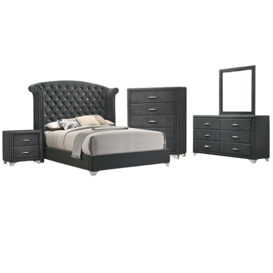 Luxurious 5-Piece Tufted Upholstered Bedroom Set with Wingback Headboard, Nailhead Trim, Velvet Fabric, Dresser, Chest, Nightstand, and Mirror for a Grand and Elegant Sleep Sanctuary