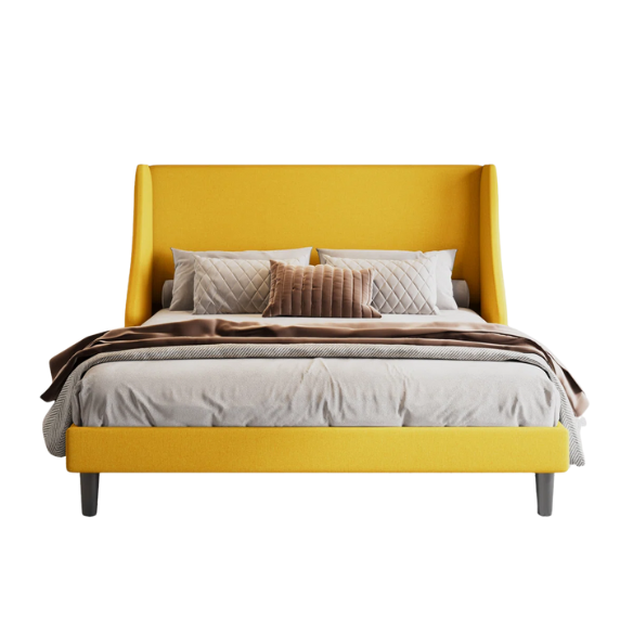 Modern Queen Size Upholstered Platform Bed with Deluxe Wingback and Linen Blend Fabric