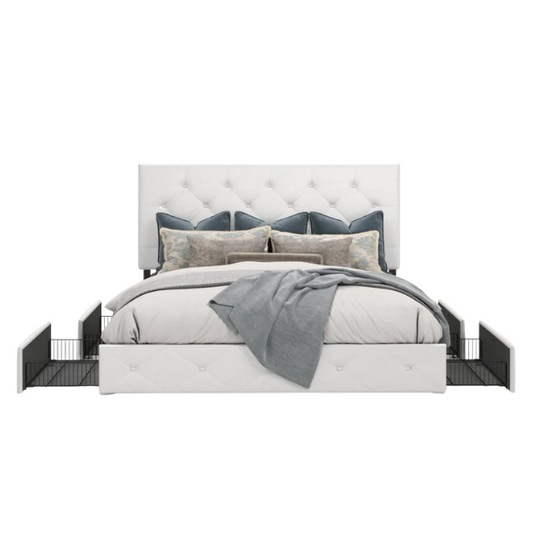 Button Tufted Upholstered Platform Storage Bed – Full Double Size with Spacious Drawers