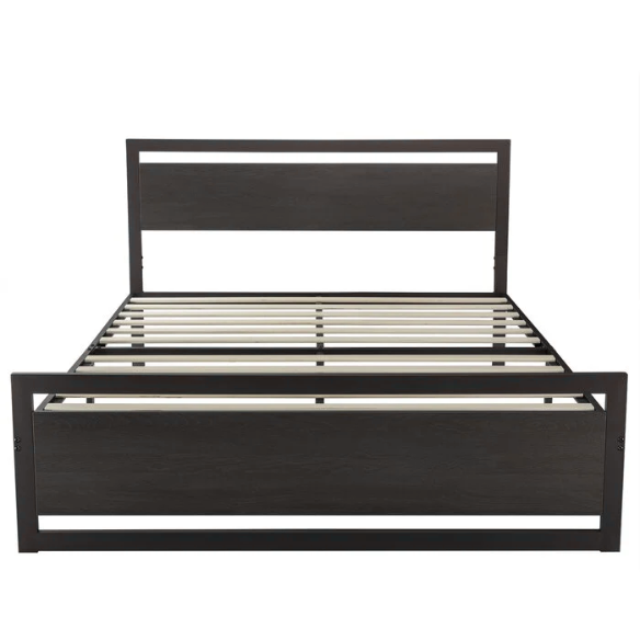 Queen Size Wood and Black Metal Frame Bed with Headboard – Modern Design with Rustic Distressed Wood Accents