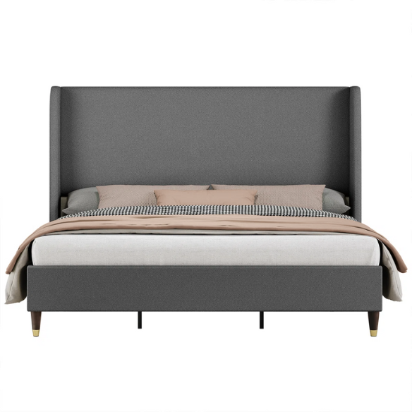 King Size Upholstered Platform Bed with Wingback Design, Foam-Padded Linen Headboard, and Steel Reinforced Frame