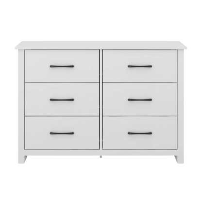 Modern 6-Drawer Double Dresser with Flared Feet and Sleek Black Metal Handles