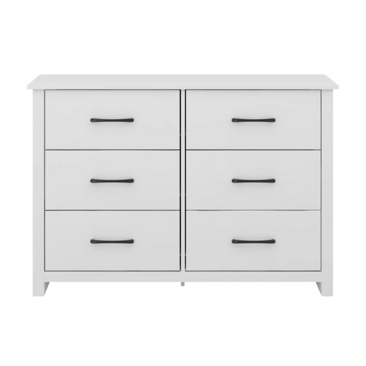 Modern 6-Drawer Double Dresser with Flared Feet and Sleek Black Metal Handles