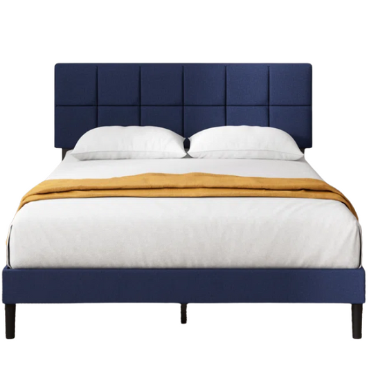 Modern King Size Upholstered Low Profile Platform Bed – Square-Tufted Headboard, Durable Steel Frame