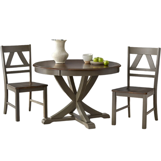 Country-Style 3-Piece Dining Set – Round Beadboard Table with X-Base and Geometric Back Chairs