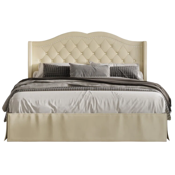 Luxurious King Size Upholstered Wingback Platform Bed with Velvet Fabric, Foam-Padded Camelback Headboard, Diamond Tufting, Nailhead Trim, and Included Bed Skirt for Hidden Storage