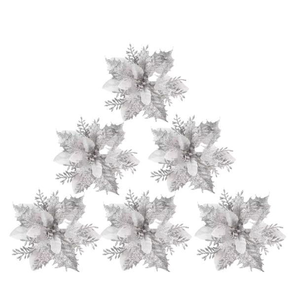 Silver Glitter Poinsettia Christmas Flowers – Elegant Artificial Holiday Décor (5 Pieces)
