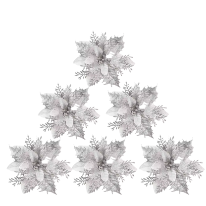 Silver Glitter Poinsettia Christmas Flowers – Elegant Artificial Holiday Décor (5 Pieces)