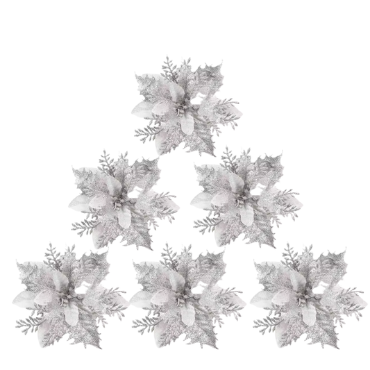 Silver Glitter Poinsettia Christmas Flowers – Elegant Artificial Holiday Décor (5 Pieces)