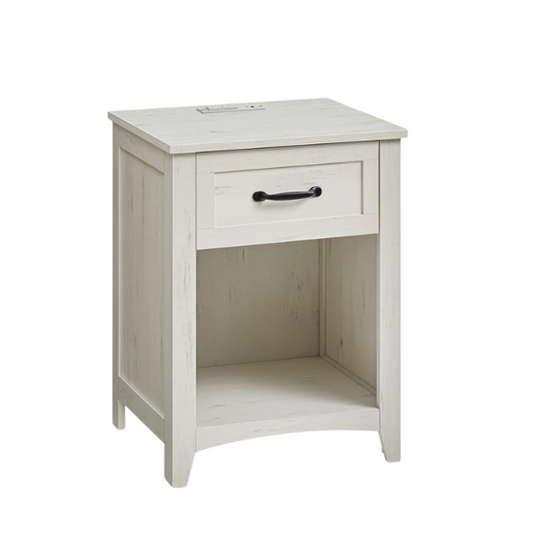 Farmhouse-Style Nightstand with Built-In Charging Station – Engineered Wood, Spacious Top, Drawer & Open Compartment, Matte Black Metal Handle, USB-A & USB-C Ports, AC Outlets, Ideal for Bedroom or Living Room