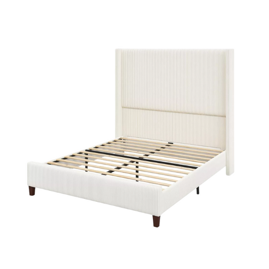 Queen Size Upholstered Wingback Platform Bed in Ribbed Corduroy Fabric