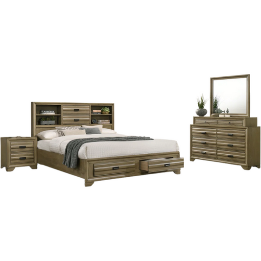 Contemporary Solid Wood 4-Piece Platform Queen Bedroom Set – Storage Bed with Headboard Shelves, Dresser, Nightstand, and Textured Drawer Fronts