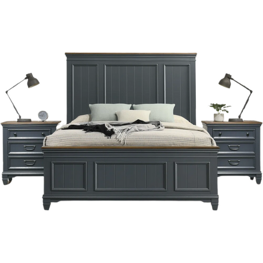 Modern Farmhouse 3-Piece Queen Bedroom Set with Natural Wood Trim, Featuring a Stylish Wooden Bed