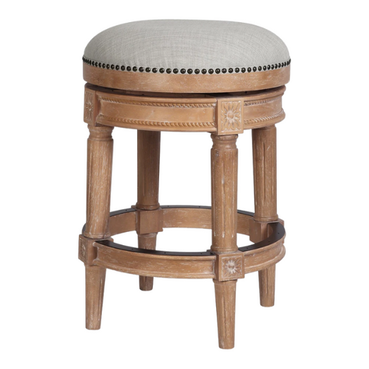 Backless Swivel 26" Counter-Height Bar Stool – Elegant Linen Upholstery with Nail Head Trim, 360-Degree Swivel, and Metal Footrest for Stylish Kitchen or Bar Seating