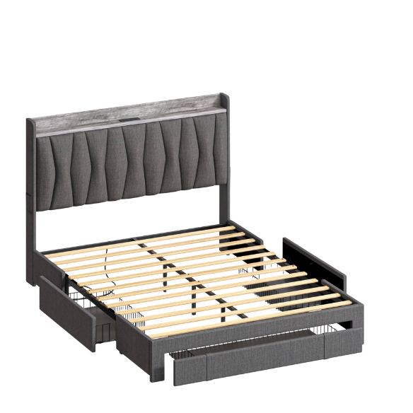 Upholstered Full/Double Bed Frame with 3 Drawers, Storage Headboard & Built-In Charging Station – Stylish & Functional Design