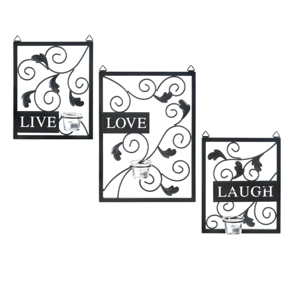 Rustic Metal Wall Decor Set with Floral Scroll Detailing – Three Candleholder Plaques with Glass Cups for Elegant, Farmhouse-Inspired Home Decor
