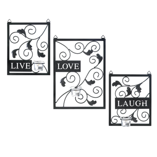 Rustic Metal Wall Decor Set with Floral Scroll Detailing – Three Candleholder Plaques with Glass Cups for Elegant, Farmhouse-Inspired Home Decor