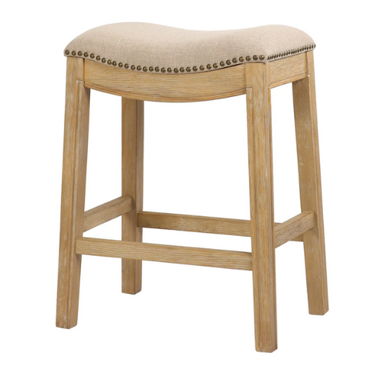 Saddle-Seat Wood Bar Stool with Upholstered Seat – Stylish and Durable Bar Stool in Weathered Natural  Finish